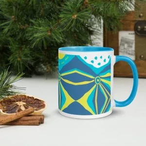 Taza sicodélica azul de porcelana con color interior